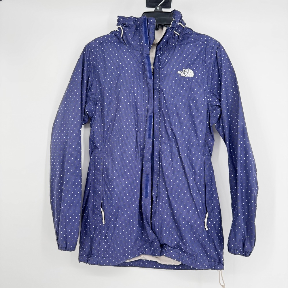 The North Face Women's Hooded Rain Jacket Blue White Polka Dot Size S‎